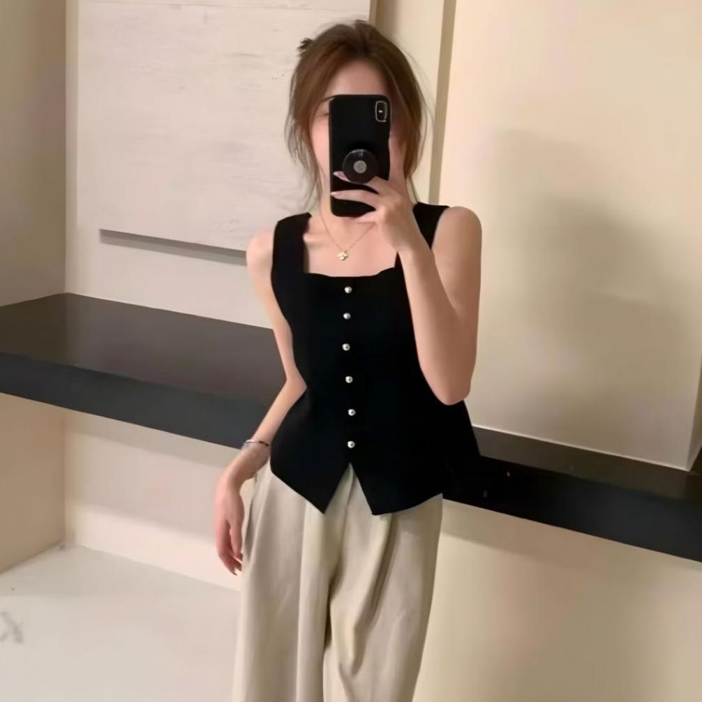 Tank Top Baju Atasan Knit Rajut Crop Wanita Korean V-Neck Tanktop Wanita Full Kancing Tanpa Lengan