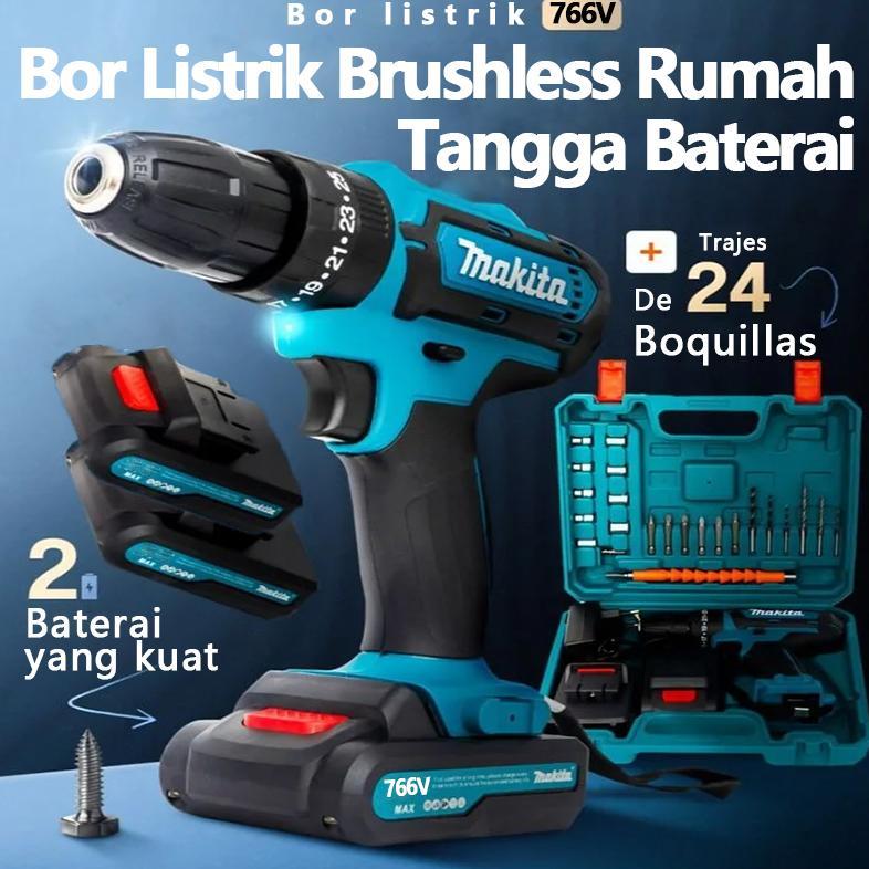MAKITA Mesin Bor Baterai 766V/388V 2Baterai Cas 10mm Bor Listrik Murah Bor Tangan Bor Listrik Murah 