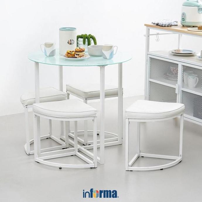 Terlaris Informa Zeus Set Meja Makan 4 Bangku - Putih Meja Bundar Kursi Minimalis Bangku Makan Meja 