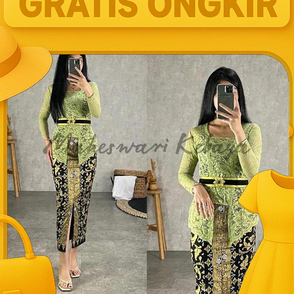 Kebaya Bali Set Brukat Panjang Sage Green