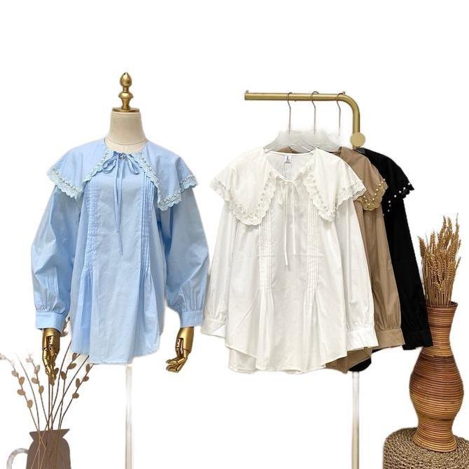 Blus Elegan Kekinian Bahan Katun hiasan Renda Mutiara Formal Mewah Nyaman Wanita Panjang Kombinasi P