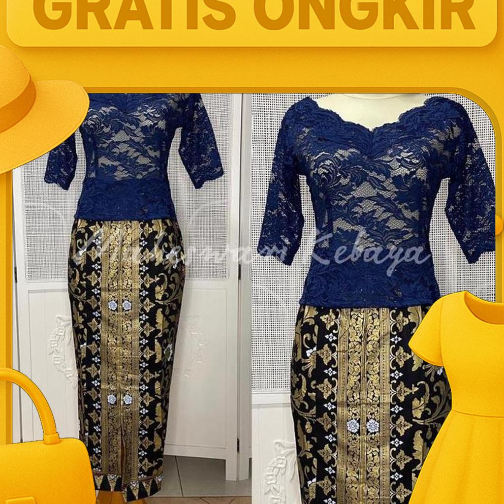 Kebaya Bali Set Brukat Sabrina Pendek Navy Rok Panjang