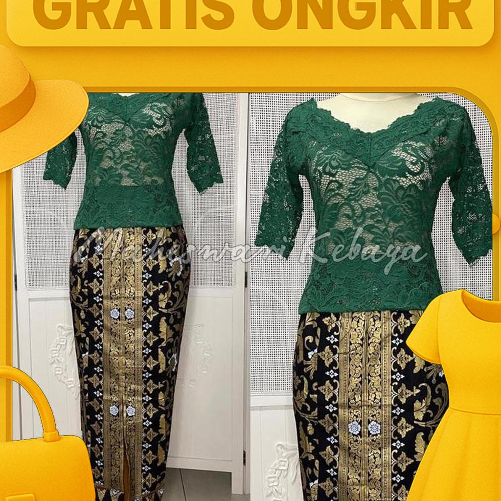 Kebaya Bali Set Brukat Sabrina Pendek Hijau Botol Rok Panjang