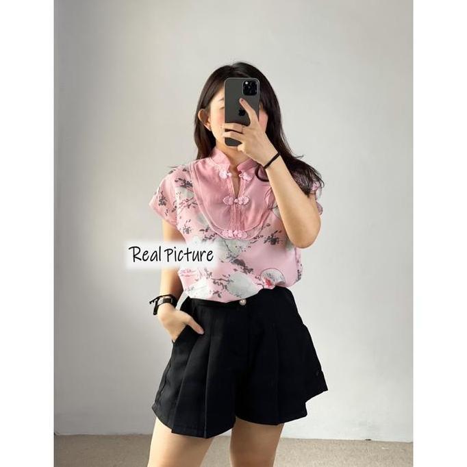 JC [ Winny Cheongsam Top ] Fit Size M-L Fashion Atasan Wanita Bahan Crepe Motif Bunga Casual Outfit 