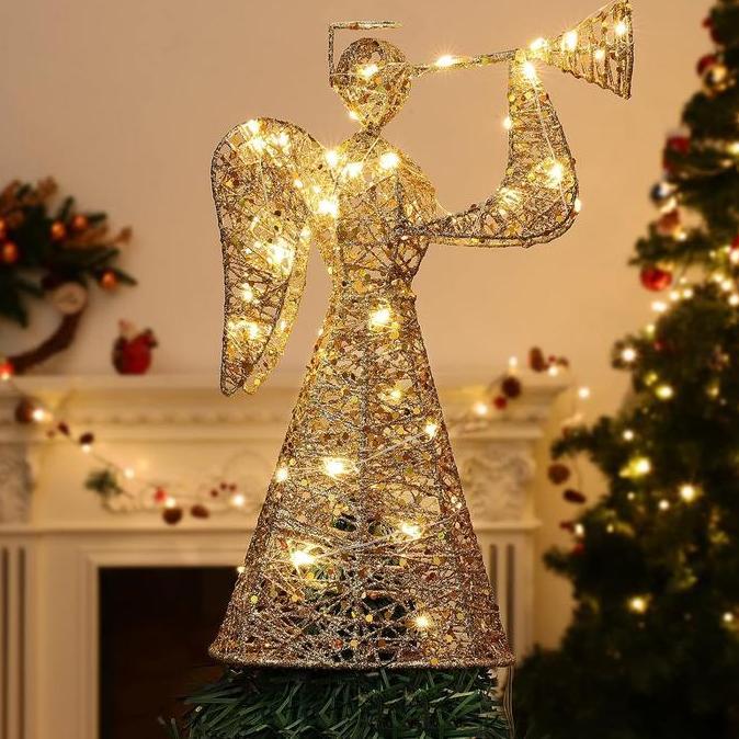 Yeraya Pajangan Natal Malaikat Kawat Lampu 32cm Topper Pohon natal Hiasan Pohon Terang Malaikat deko