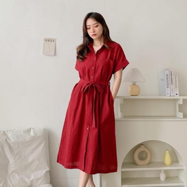 Midi Dress Wanita Lengan Pendek Merah Maroon / Dress Imlek / Red Dress