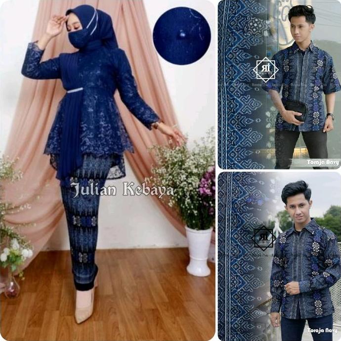 Couple Kebaya Aurora Selendang Dan Kemeja Batik Pria Bordir Katun Baju Pasangan Kondangan Panjang Sa