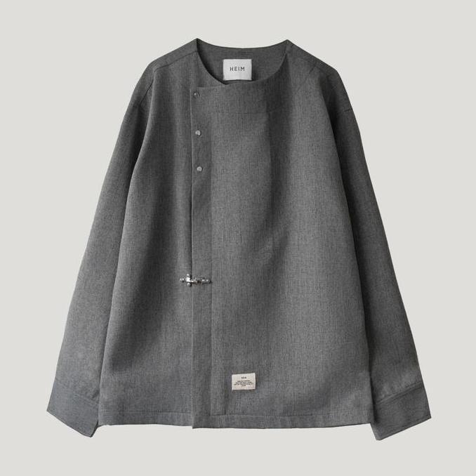 Lazzbuina - HEIM Collarless Clasp Overshirt Grey Kemeja Jacket Wool Premium Chef Streetwear