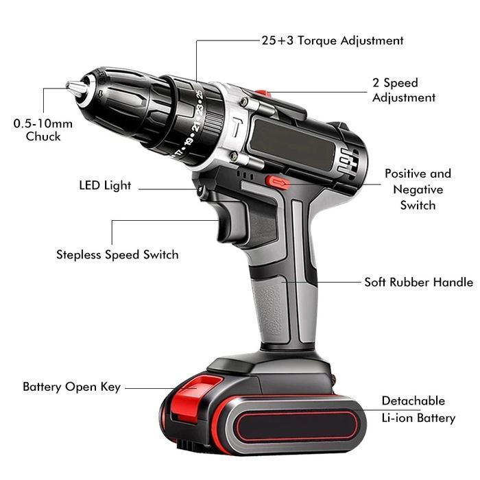 198Vf Mesin Bor Impact Drill Bor Listrik Bor Baterai Cordless Drill Bor Listrik Set Bor Lengkap Mesi