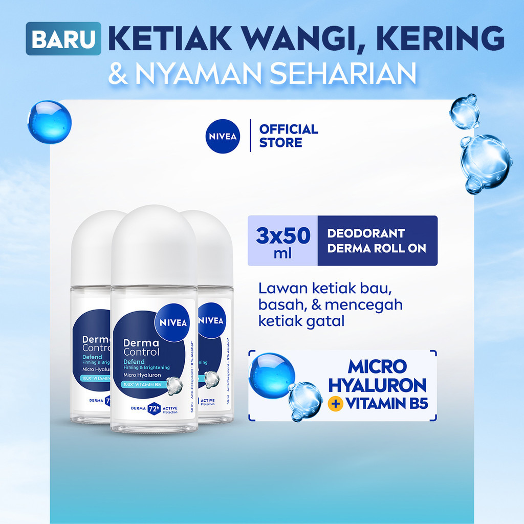 (PAKET HEMAT ISI 3) NIVEA Deodorant Roll On Derma Control Defend 50ml - Deodoran wanita skin barrier
