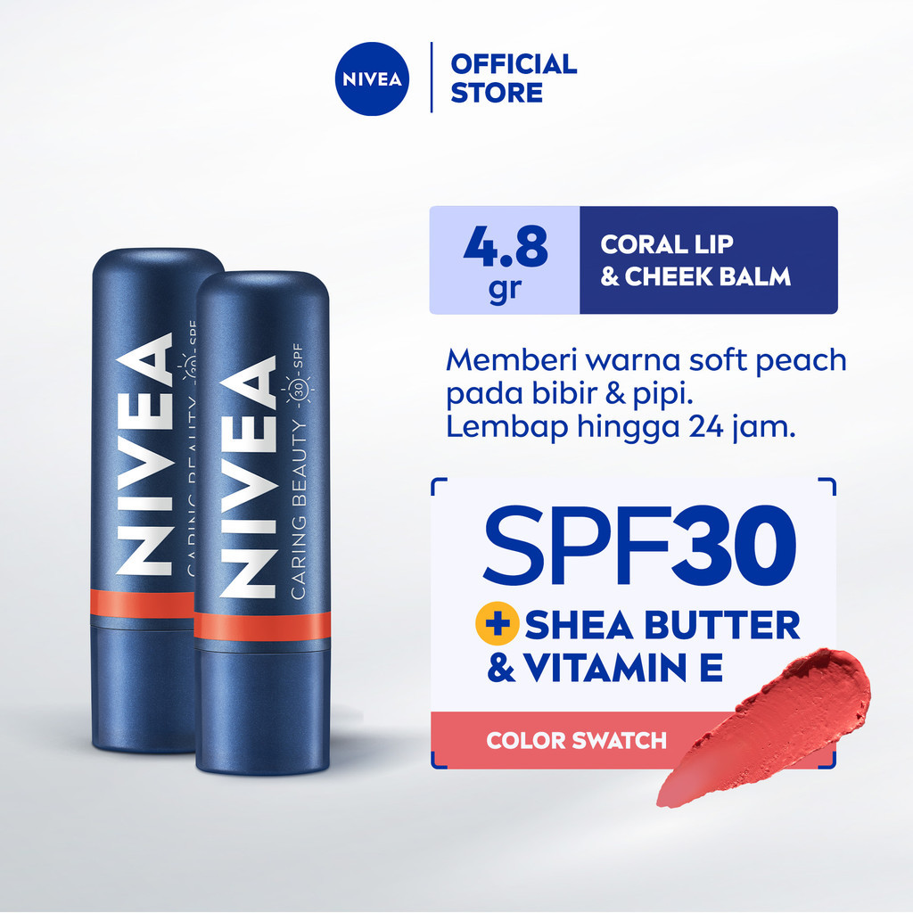 (PAKET HEMAT ISI 2) NIVEA Lip Balm Caring Color Coral 3 in 1 SPF 30 4.8gr - Pelembap bibir warna nud