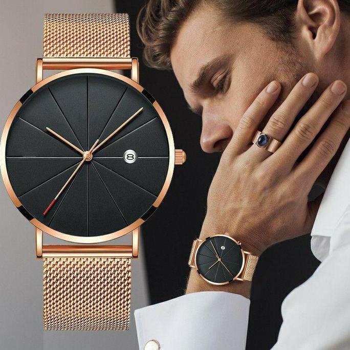 Jam Tangan Quartz Analog Ultra Tipis Strap Stainless Steel untuk Pria Wanita Strap Pasir