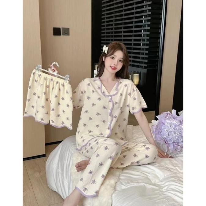 Baju Tidur Set Piyama 3 in 1  Wanita Lengan Pendek Celana Panjang Celana Pendek Model Kekinian Korea
