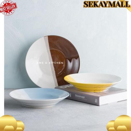 Termurah Piring Makan Bijian Keramik 8" Two Tone 2 Warna Coklat/Biru/Pink
