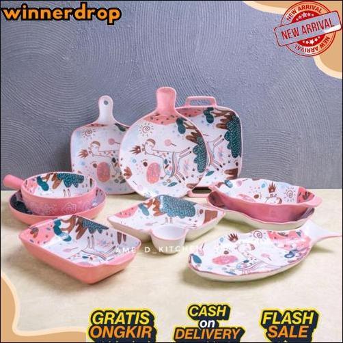 Bigdeal Piring Saji Set, Piring Baking, Mangkok Gagang Keramik Pink Korea Unik, Lucu Happy Giraffe C