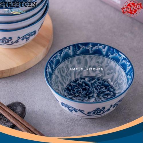 Hot Sale Mangkok Bijian Keramik 4.5" Motif Ornament Bunga Biru Full