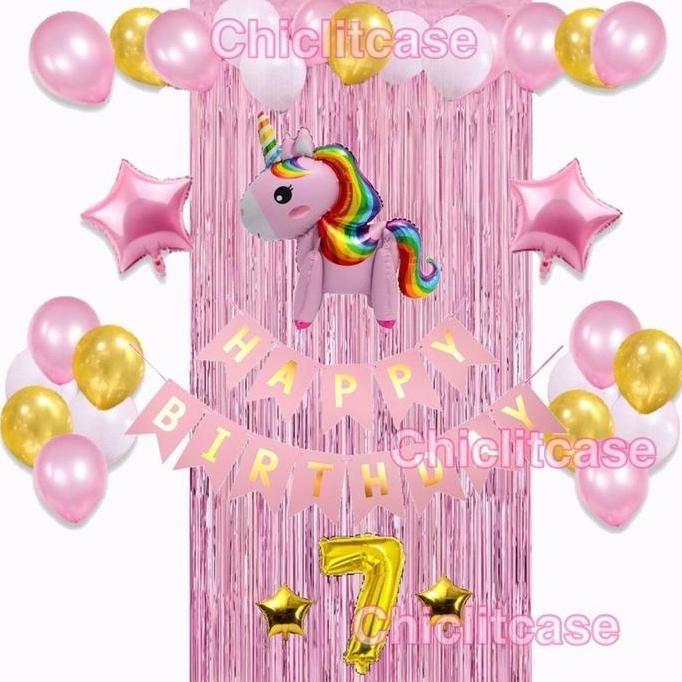 Paket dekorasi ulang tahun anak tema unicorn/tirai