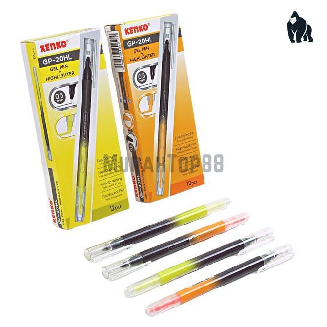 Kenko 2 in 1 Pulpen Gel + Highlighter GP-20HL Kuning Orange [12 PCS] Promo Premium
