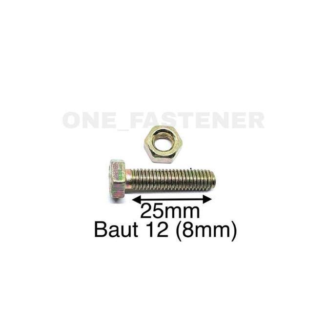 50 pcs Baut Mur M8x25 Kuning BMK 8mm Panjang 2.5cm Kunci 12 M8 8x25