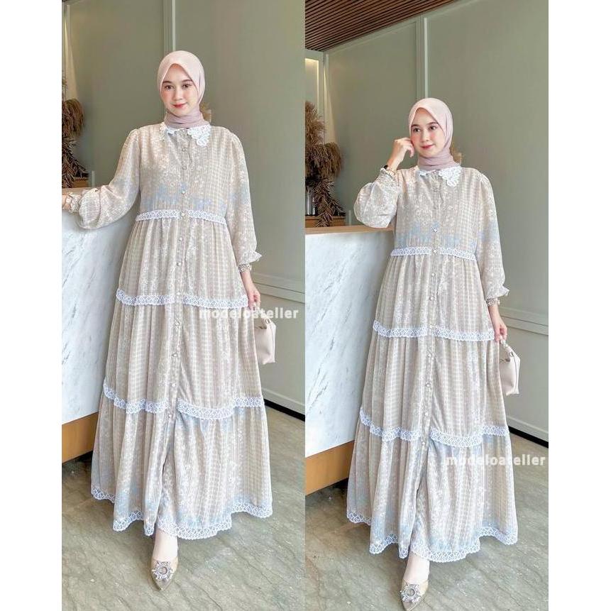FELORA Vintage Dress / Raya Maxy Dress Wanita / Gamis Ceruty Kerah Korea Full Puring Mix Renda Konda
