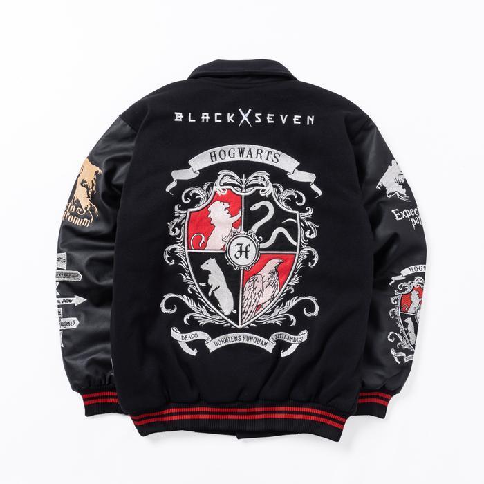 Varsity Jacket Blackseven | Hogwarts Legacy Full Bordir Jaket Baseball Fleece Tebal Pria Hitam Termu