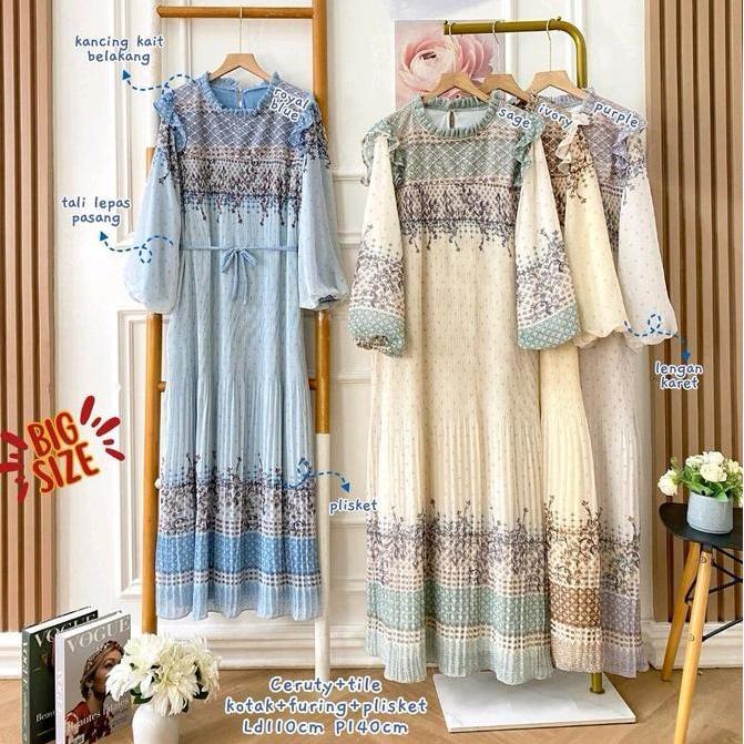 [ORI] Elika Maxy Dress Ceruty Plisket Tille/Gamis Maxy Motif Plisket Korean Import Bangkok Pesta Leb
