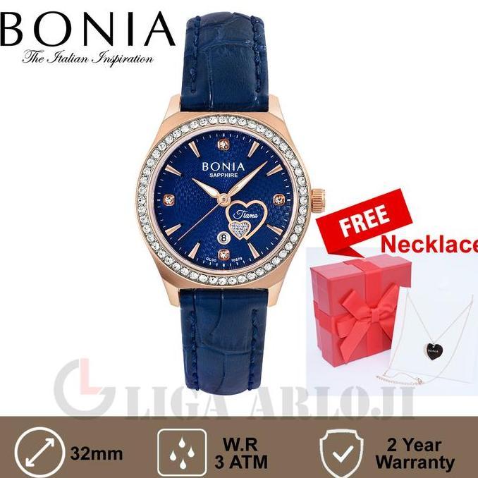Bonia BNB10680-2582S Jam Tangan Wanita Rose Biru Bonus Kalung