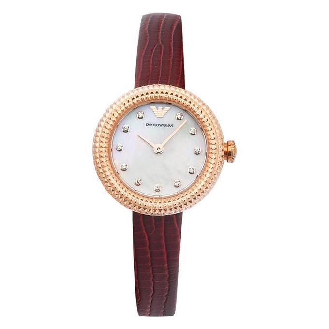 Jam Tangan Wanita Emporio Armani Fashion AR11417 Ladies MOP Dial Burgundy Leather Strap