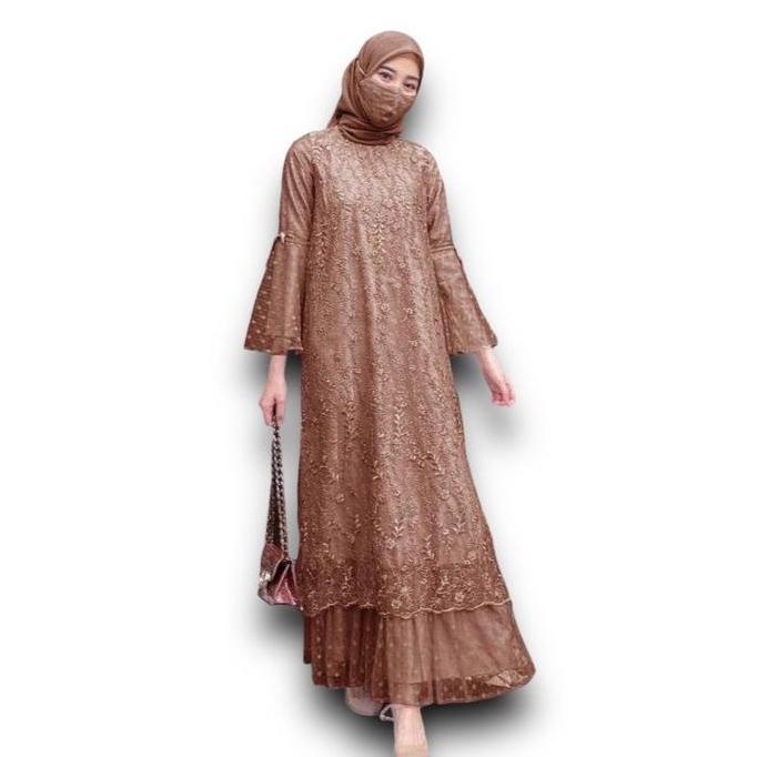ANGELA DRESS BRUKAT TULEE/ FULL BRUKAT TILE / DRESS WANITA TILE DOT/ LENGAN TEROMPET