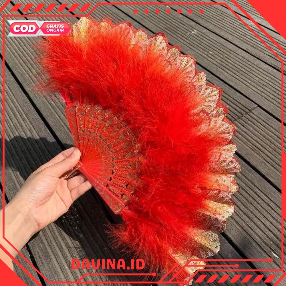 Kipas Tangan Lipat Bulu / Kipas Tari Merah Bulu / Kipas Lipat Tari Bulu Pentas - RO30-0512 2025 Bisa