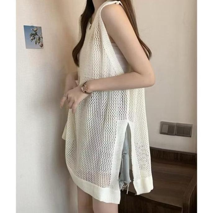 Atasan Dress Rajut Outer Knitwear Bolong jaring hollow tanpa lengan Panjang Baju Top Casual Hitam Pu