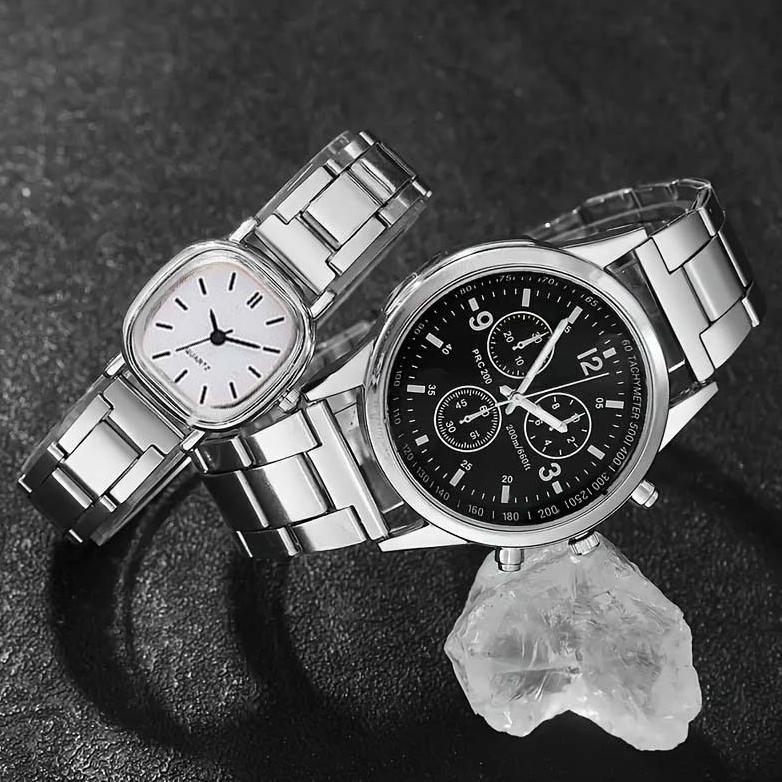 Terbaru (Cod)4Pcs Jam Tangan Couple Anti Air Original 100% Penunjuk Stainless Stell/Paket Hadiah Jam