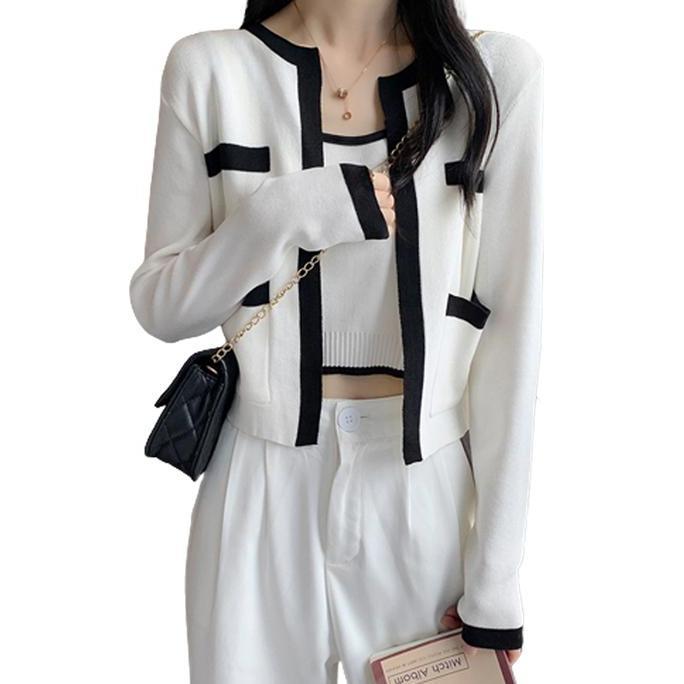 Terpopuler- Cardigan Tank Top Set 2 Pcs Rajut Wanita Baju Hitam Putih Kombinasi Atasan Basic Setelan