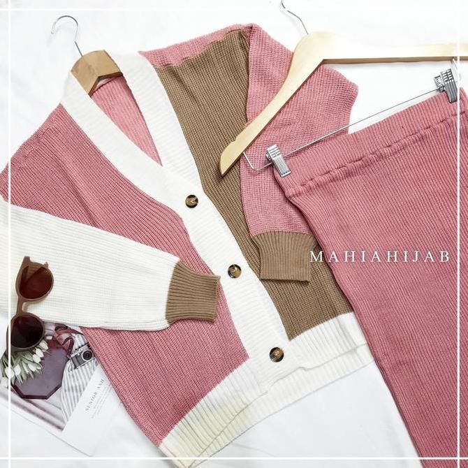 Terpopuler- Yena One Set Cardigan 3Tone + Rok Rajut Span Setelan Wanita Baju Rajut Premium Rok Knit 