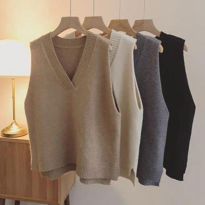 Outfitkekinian- Rompi Rajut Wanita Polos Korea Basic Panjang Tebal Atasan Rajut Korean Grey