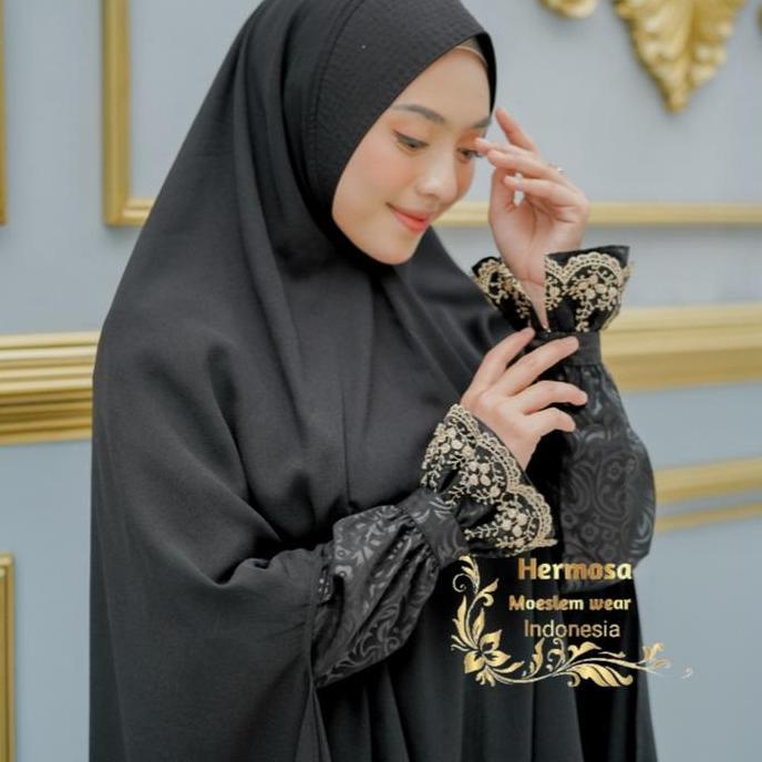 [Gamis Hermosa] Gamis embos hermosa motif flower warna hitam manset Renda-gamis syari manset Renda-G