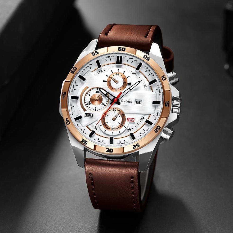 Garansi` Murah Sunlifex Jam Tangan Pria 9091 Kuarsa Tali Kulit Olahraga Mode Kalender Jam Tangan Cow