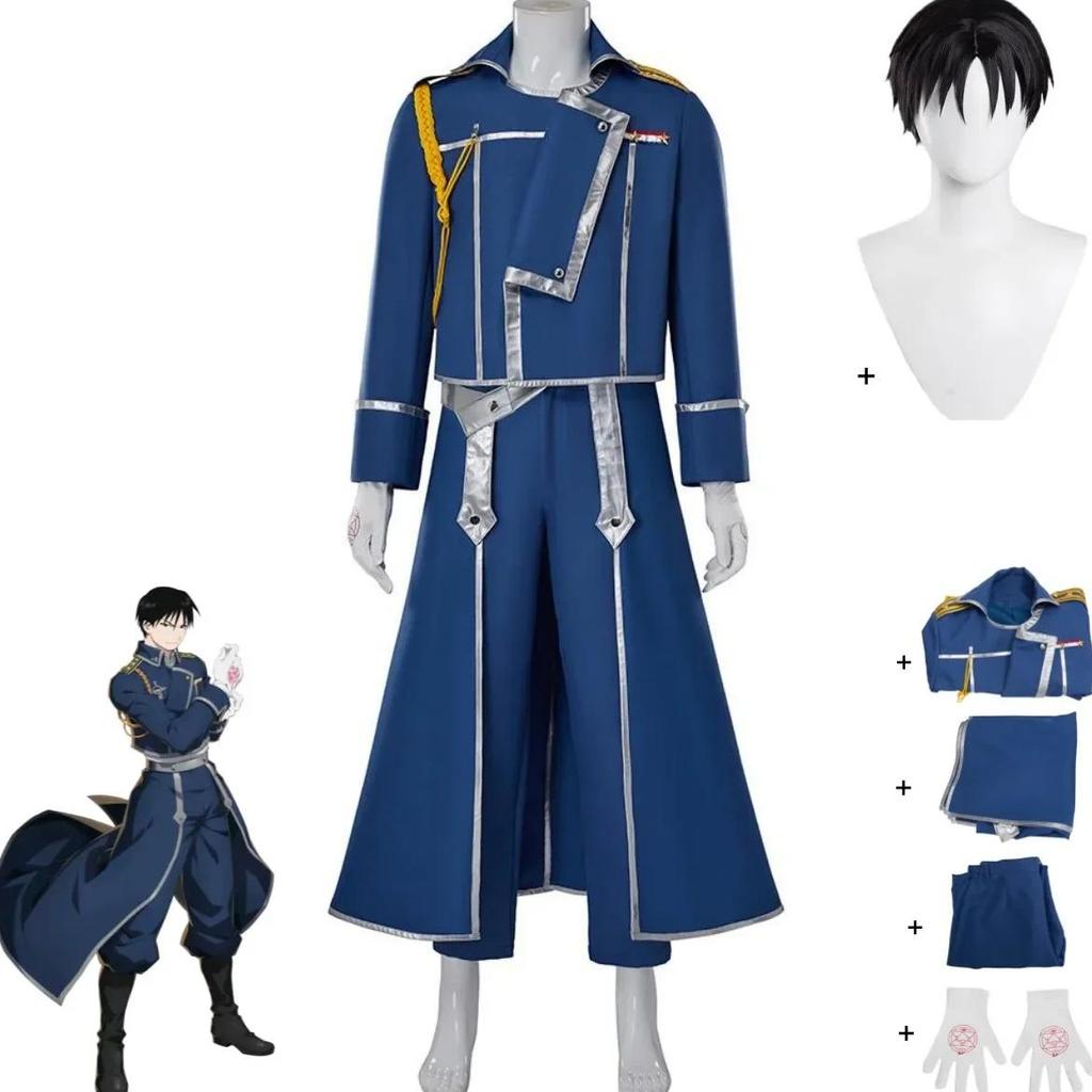 Anime Fullmetal Alchemist Roy Mustange Cosplay Costume Blue Fight Military Uniform Coat Wig Adult Ma