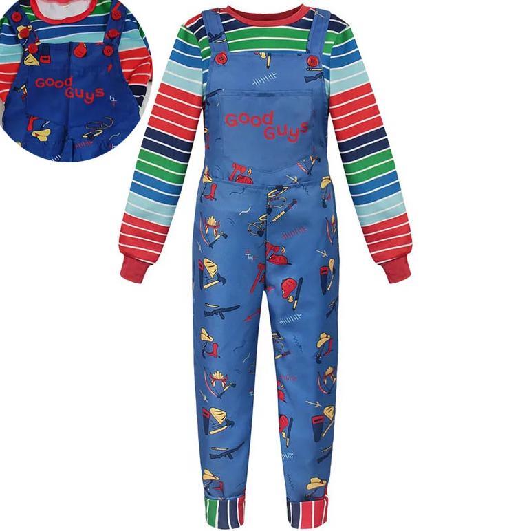 Adult Chucky Cosplay Costume with Striped Shirt and Jumpsuit for Chucky Overalls Halloween Costumes