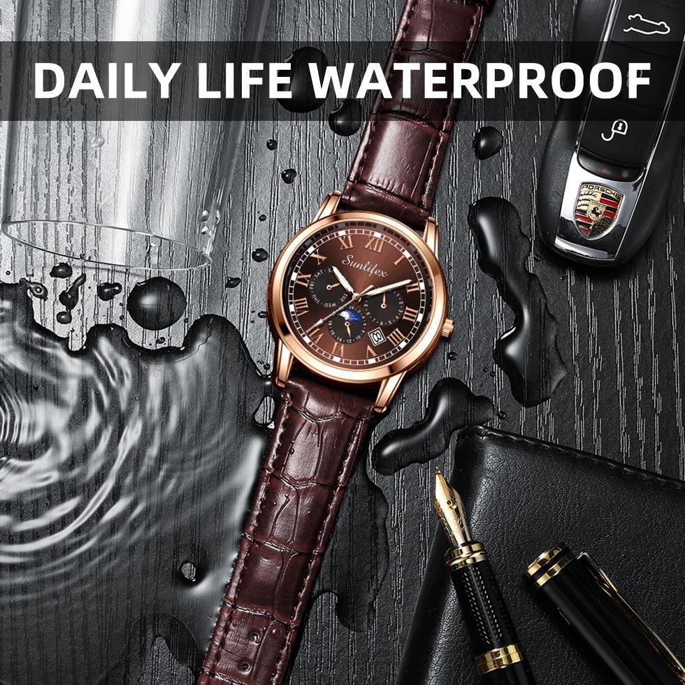 Good- Sunlifex Jam Tangan Pria 7003 Kalender Kuarsa Santai Bisnis Tali Kulit Jam Tangan Cowok