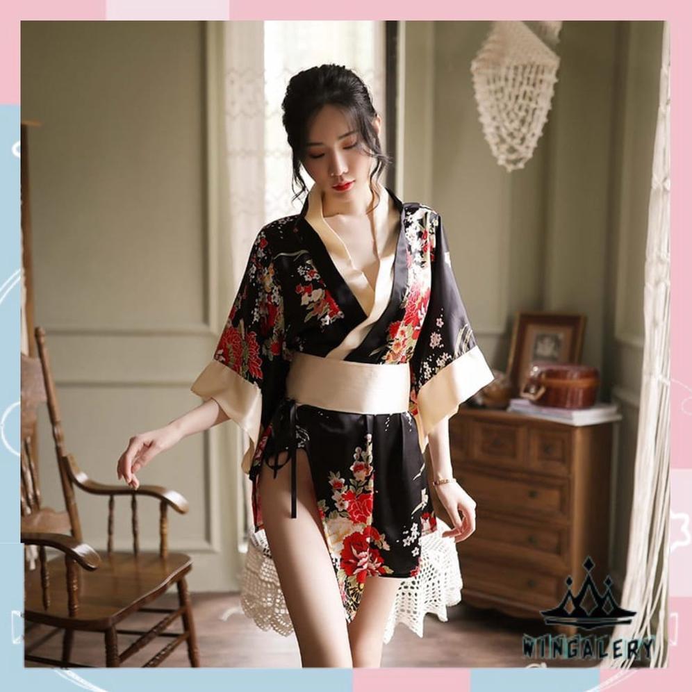 WINGALERY Kimono Jepang Cosplay Lingerie Bahan Satin Motif Bunga 3080