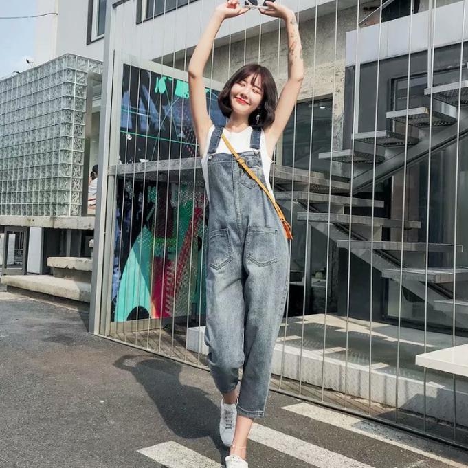 Overall denim panjang Jumpsuit Celana panjang Jumpsuit Wanita Fashion Simple lucu jumpsuit longgar v