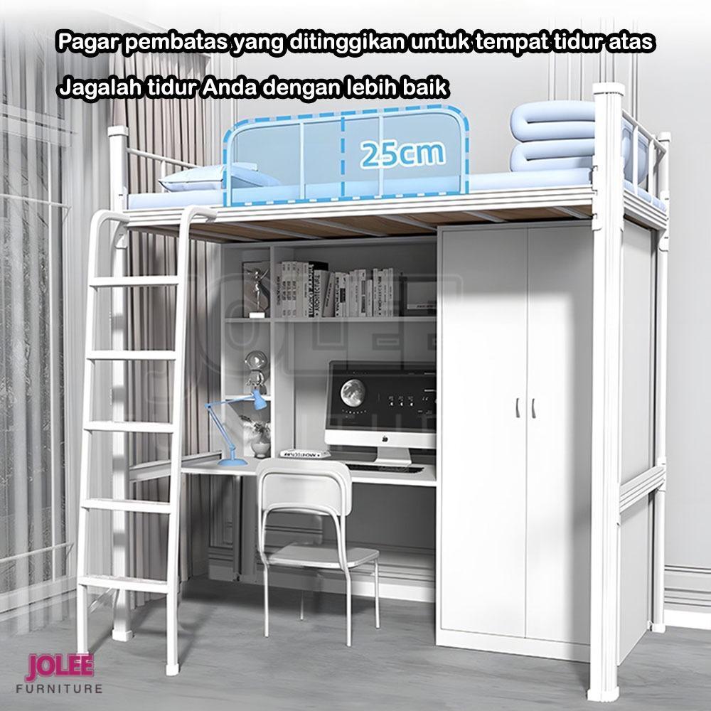 Tempat Tidur Besi Tingkat Atas, Lemari Besi Tingkat Bawah + Rak Buku + Meja, Tempat Tidur Tingkat