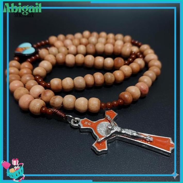 Kalung Rosario 77 Bapa Kami Kayu Cendana 8 mm Souvenir Rohani Katolik Pria Wanita Tali Lilit BIGDEAL