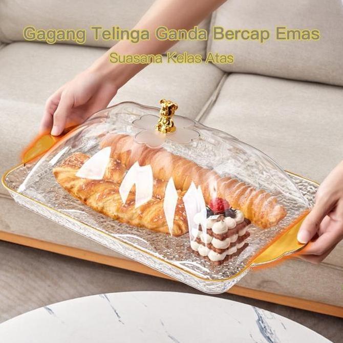Baki Emas Deluxe Nampan Handle Gold Plastik Transparan Wadah Perhiasan Buah Snack Bulat Simple Tatak