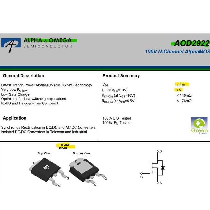 AOD2922 100V 7A N-CHANNEL ALPHAMOS MOSFET D2922 TO-252 ALPHA & OMEGA SEMI ORIGINAL