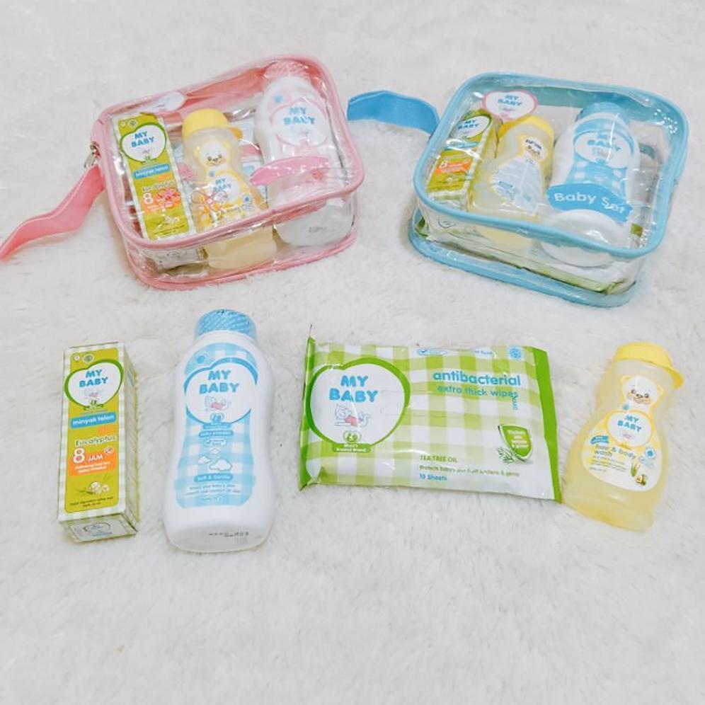Terbaru My Baby Set Perlengkapan Mandi Bayi Isi 4 Items Pink Biru [Sabun, Wipes, Minyak Telon, Bedak