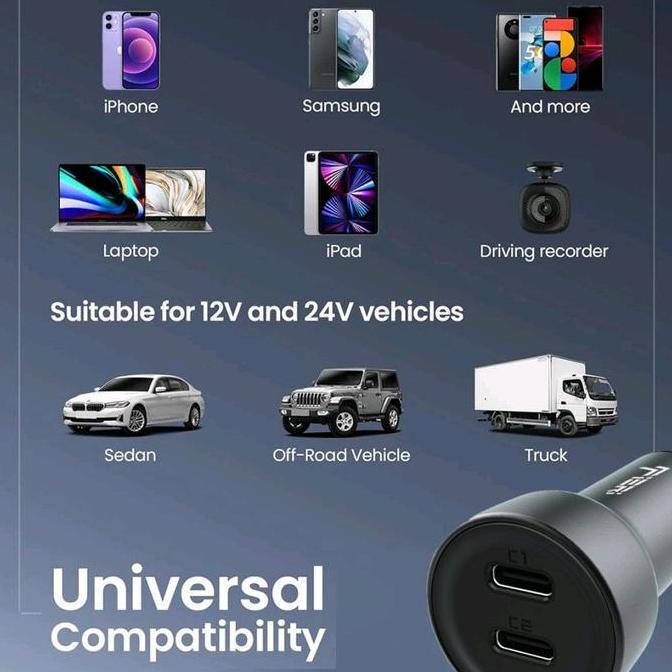 Gwl- Fieri Charger Mobil D1-X Dual Type C 65 Watt Pd Qc Fast Charging