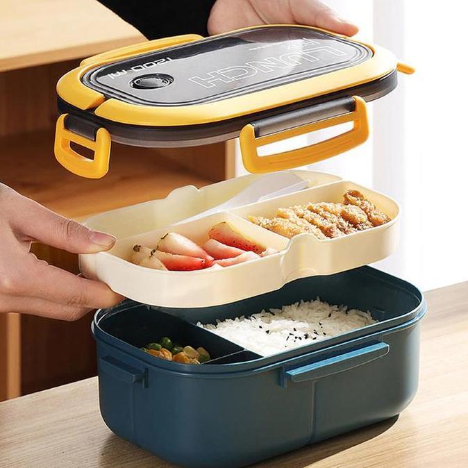 Kotak Makan Anti Tumpah Lunch Box Double Layer 3 Grid 1.2L