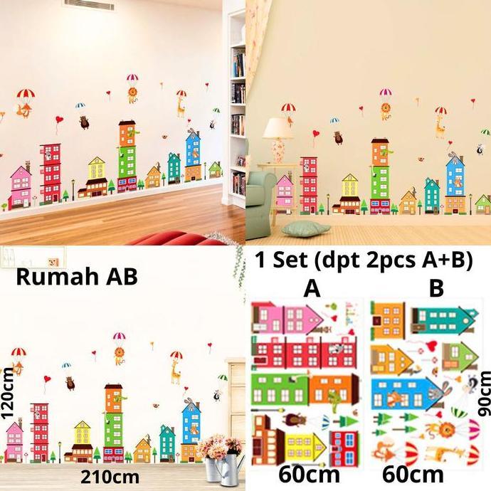 Promo WALL STICKER WALLSTICKER STIKER DINDING DEKORASI MOTIF RUMAH HOME KOTA WARNA WARNI ANIMASI DEK